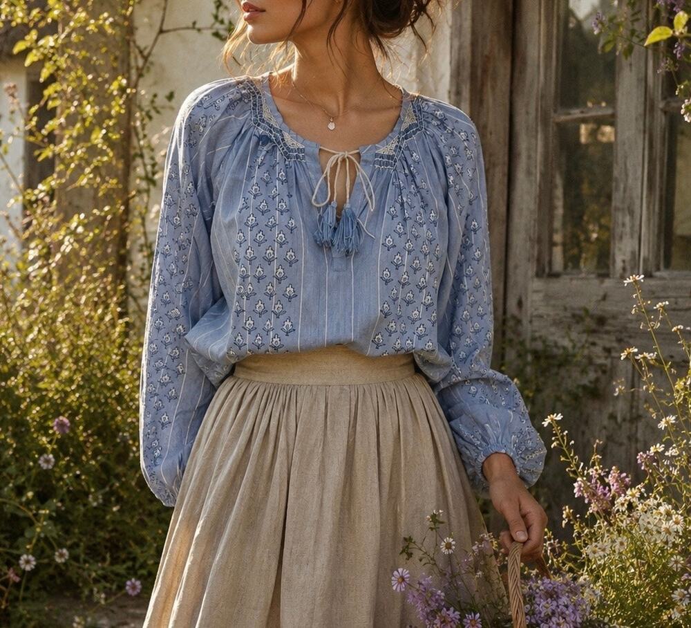 Saylor Blue Stripe Floral Peasant Blouse Tassel Neck Balloon Sleeve Size Medium